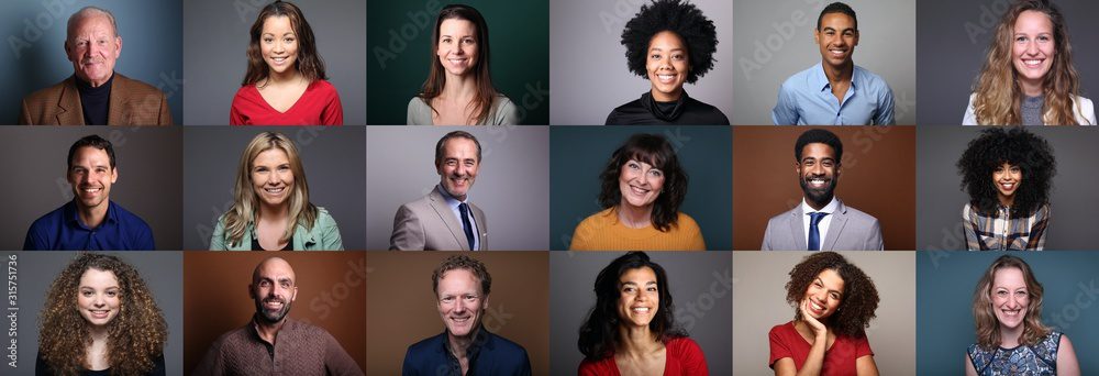 Different portraits of people in front of a background